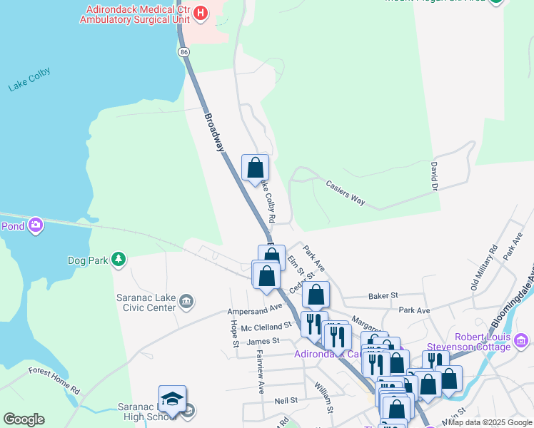 map of restaurants, bars, coffee shops, grocery stores, and more near 354 Broadway Street in Saranac Lake