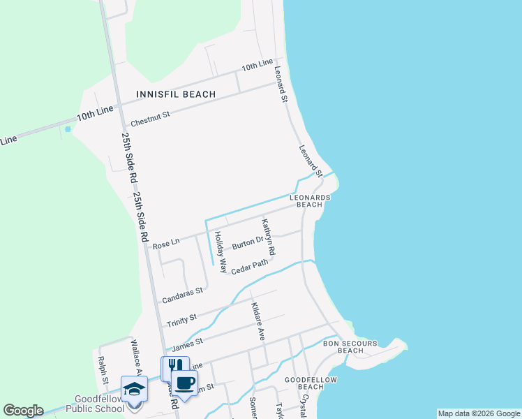 map of restaurants, bars, coffee shops, grocery stores, and more near 678 Rose Lane in Innisfil