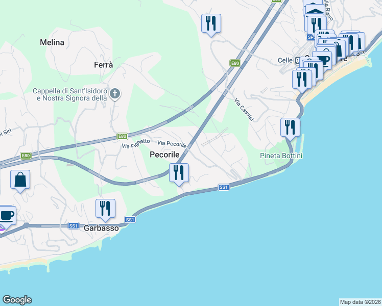 map of restaurants, bars, coffee shops, grocery stores, and more near 73 Via Pecorile in Celle Ligure