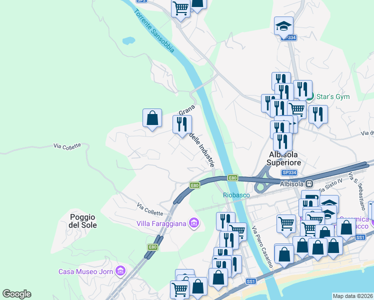map of restaurants, bars, coffee shops, grocery stores, and more near Via Angelo Barile in Albissola Marina