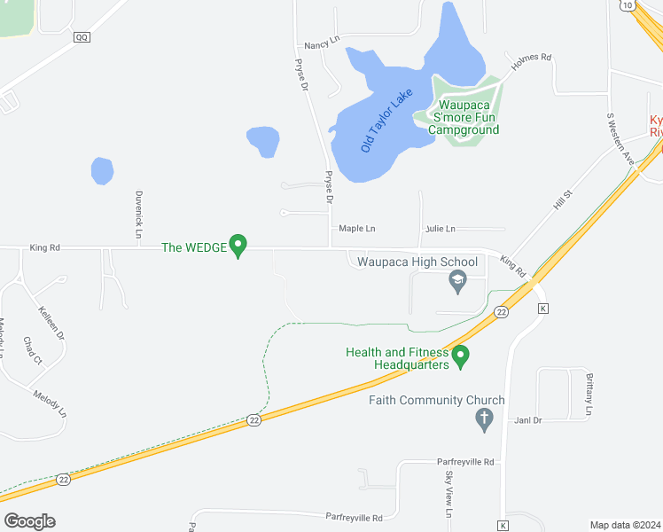 map of restaurants, bars, coffee shops, grocery stores, and more near E2235 King Road in Waupaca