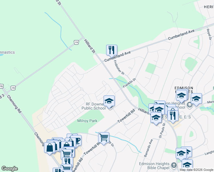 map of restaurants, bars, coffee shops, grocery stores, and more near 127 Bowen Drive in Peterborough