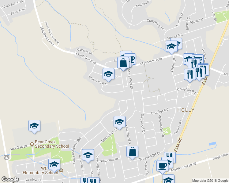map of restaurants, bars, coffee shops, grocery stores, and more near 74 Silver Maple Crescent in Barrie