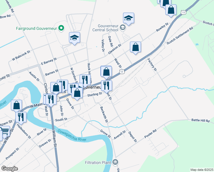 map of restaurants, bars, coffee shops, grocery stores, and more near 15 Depot Street in Gouverneur