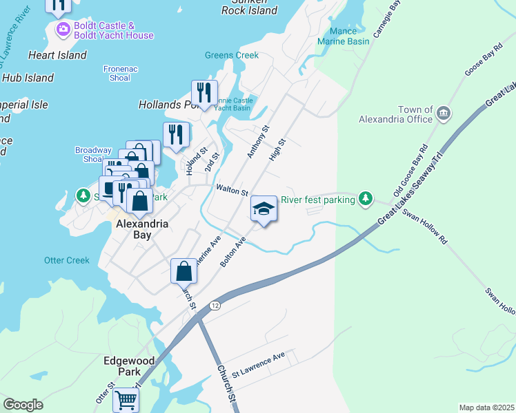 map of restaurants, bars, coffee shops, grocery stores, and more near 1 Gordon Ct in Alexandria Bay