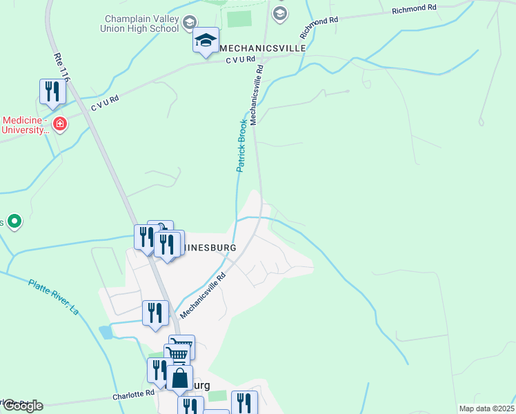 map of restaurants, bars, coffee shops, grocery stores, and more near 447 Mechanicsville Road in Hinesburg