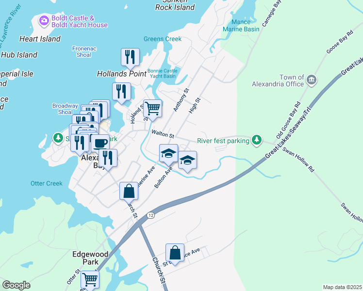 map of restaurants, bars, coffee shops, grocery stores, and more near 1 Gordon Court in Alexandria Bay