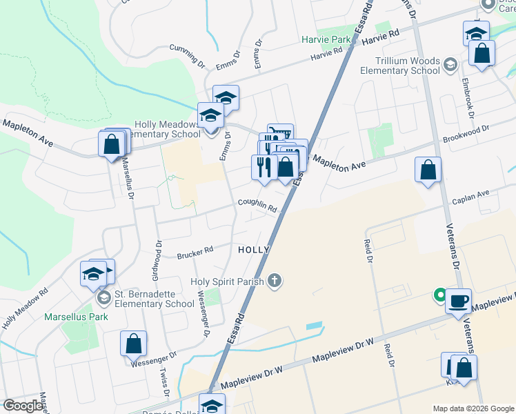 map of restaurants, bars, coffee shops, grocery stores, and more near 91 Coughlin Road in Barrie