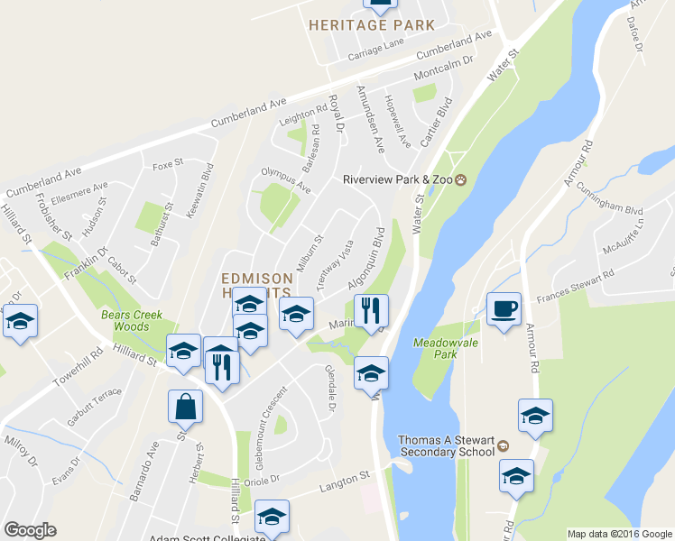 map of restaurants, bars, coffee shops, grocery stores, and more near 1200 Trentway Vista in Peterborough