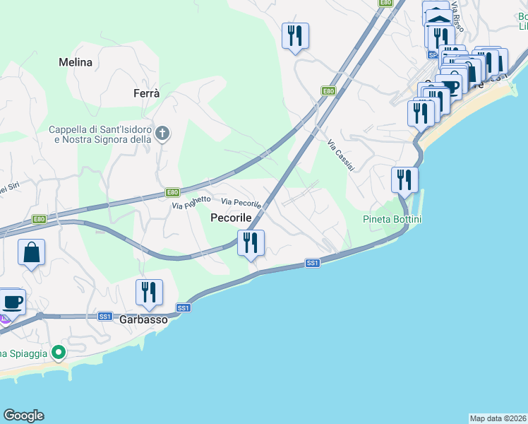map of restaurants, bars, coffee shops, grocery stores, and more near 73 Via Pecorile in Celle Ligure