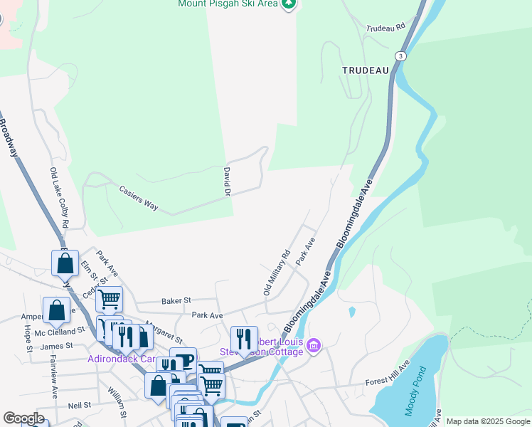 map of restaurants, bars, coffee shops, grocery stores, and more near 34 Palisade Park Way in Saranac Lake