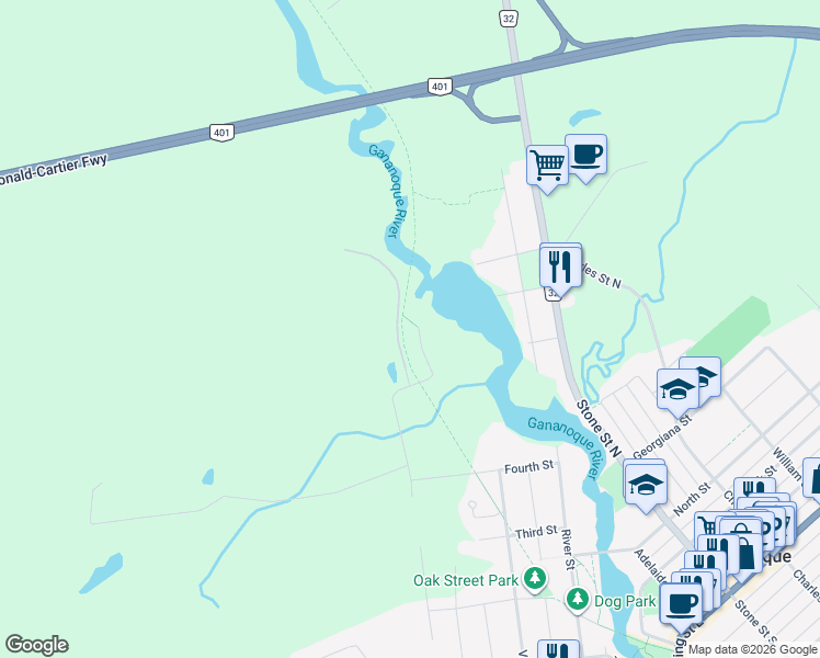 map of restaurants, bars, coffee shops, grocery stores, and more near 318 Nalon Road in Gananoque