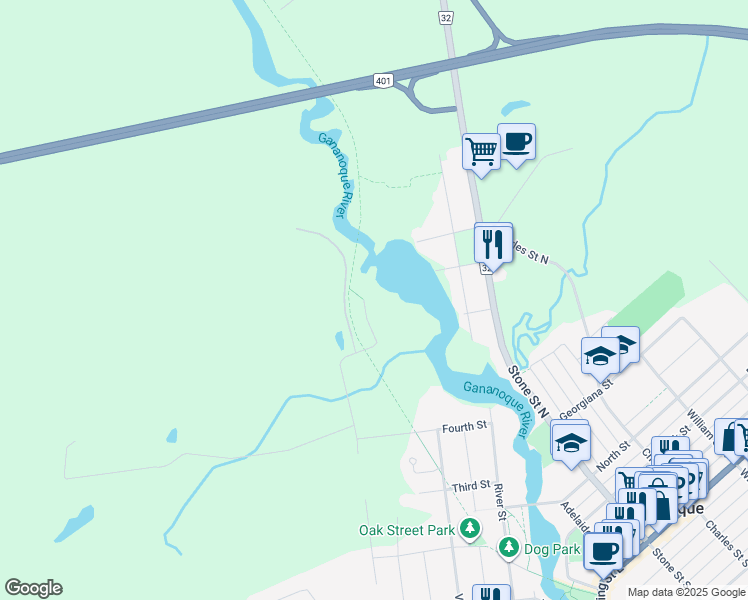 map of restaurants, bars, coffee shops, grocery stores, and more near 318 Nalon Road in Gananoque