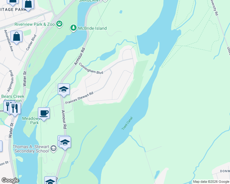 map of restaurants, bars, coffee shops, grocery stores, and more near 1530 Scollard Crescent in Peterborough