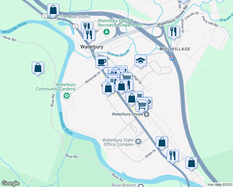map of restaurants, bars, coffee shops, grocery stores, and more near 27 South Main Street in Waterbury
