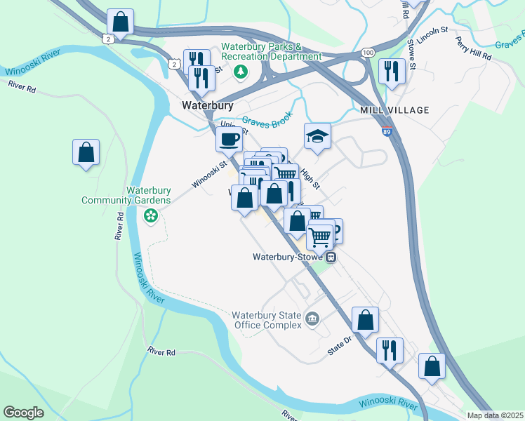 map of restaurants, bars, coffee shops, grocery stores, and more near 27 South Main Street in Waterbury