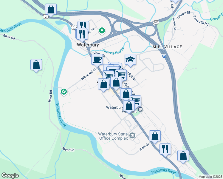 map of restaurants, bars, coffee shops, grocery stores, and more near 27 South Main Street in Waterbury