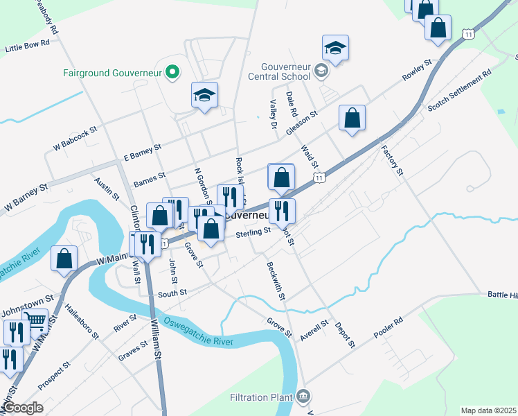 map of restaurants, bars, coffee shops, grocery stores, and more near 208 East Main Street in Gouverneur