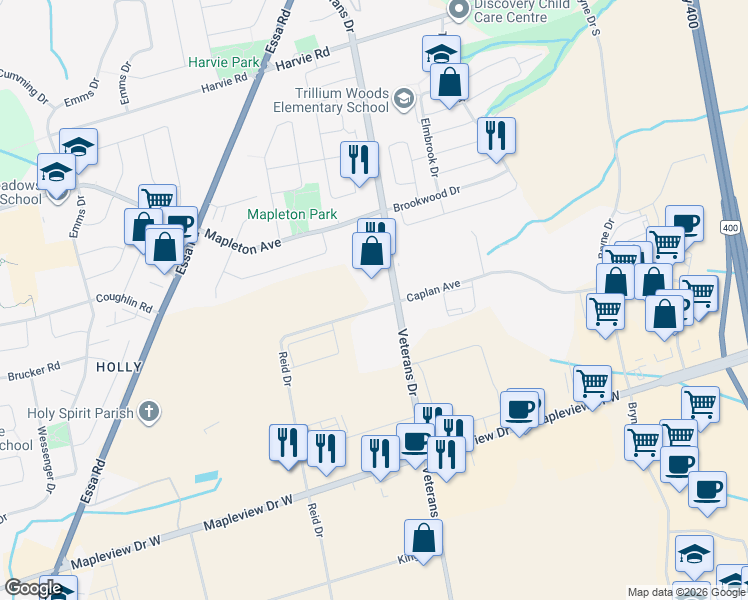map of restaurants, bars, coffee shops, grocery stores, and more near 494 Veterans Drive in Barrie