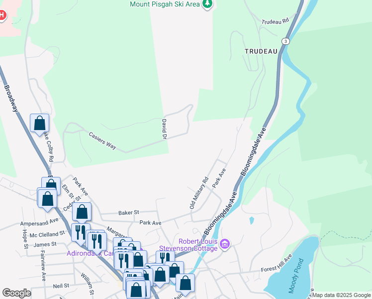 map of restaurants, bars, coffee shops, grocery stores, and more near 34 Palisade Park Way in Saranac Lake
