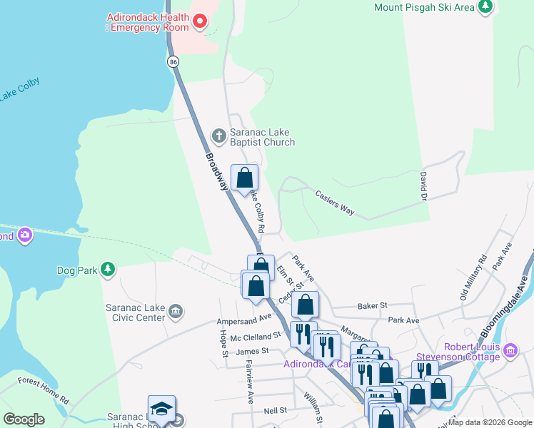 map of restaurants, bars, coffee shops, grocery stores, and more near 31 Old Lake Colby Road in Saranac Lake