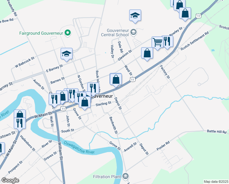 map of restaurants, bars, coffee shops, grocery stores, and more near 15 Depot Street in Gouverneur