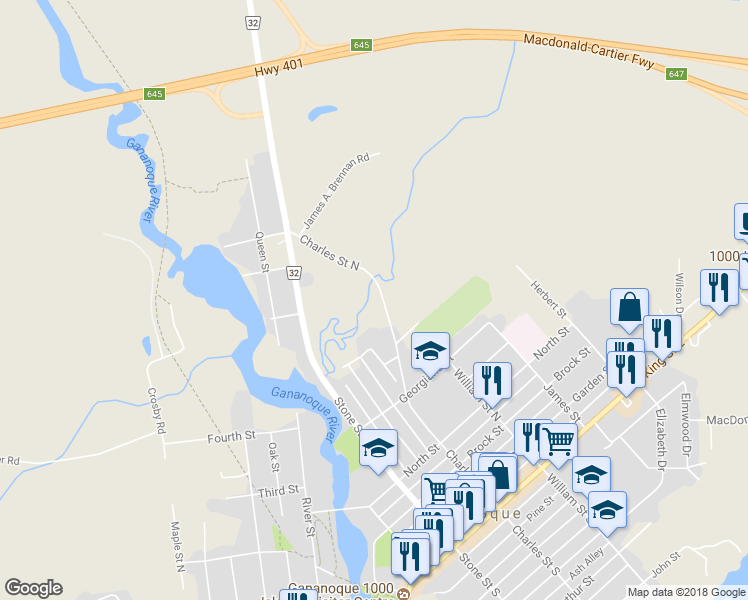 map of restaurants, bars, coffee shops, grocery stores, and more near 620 Charles Street North in Gananoque