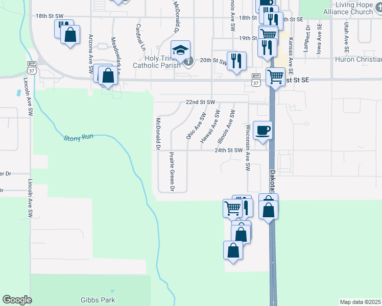 map of restaurants, bars, coffee shops, grocery stores, and more near Prairie Eagle Circle in Huron