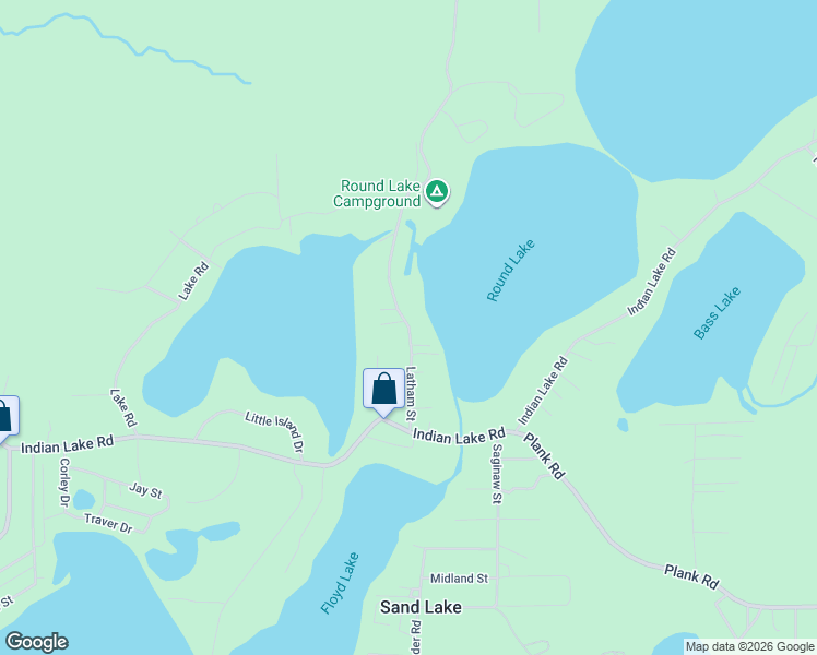 map of restaurants, bars, coffee shops, grocery stores, and more near Latham Street in Sand Lake