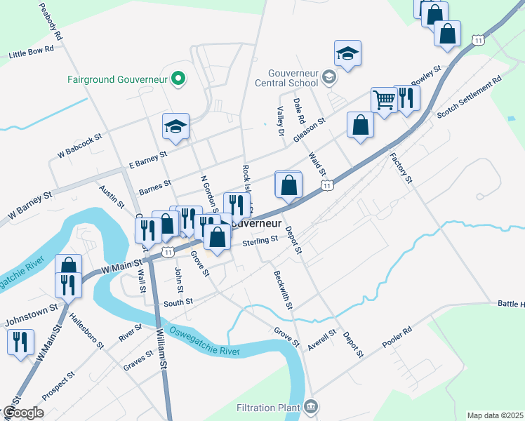 map of restaurants, bars, coffee shops, grocery stores, and more near 208 East Main Street in Gouverneur
