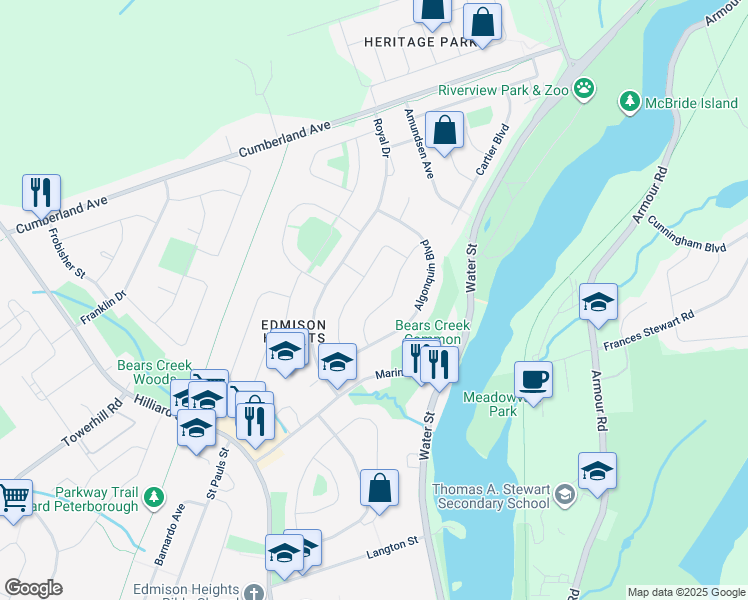 map of restaurants, bars, coffee shops, grocery stores, and more near 1201 Trentway Vista in Peterborough