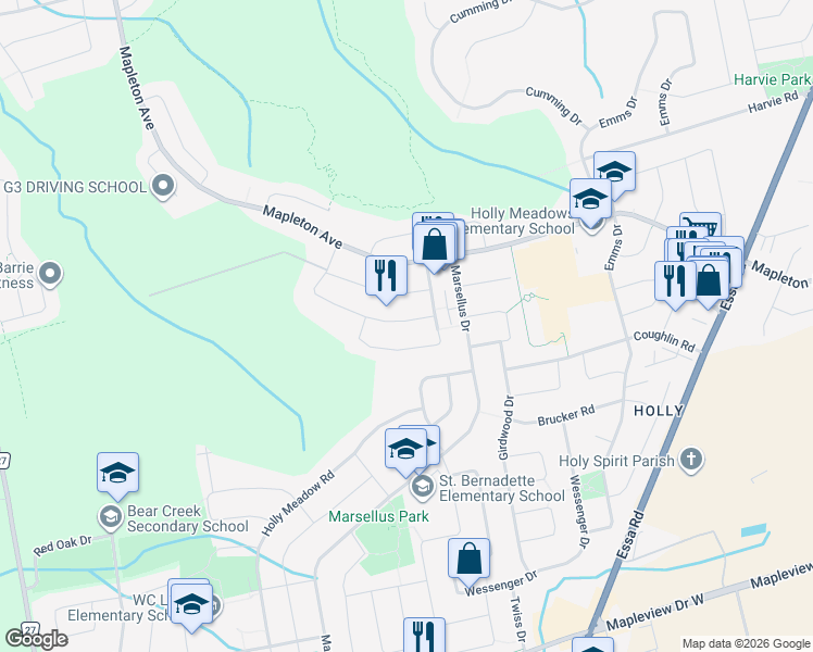 map of restaurants, bars, coffee shops, grocery stores, and more near 74 Silver Maple Crescent in Barrie