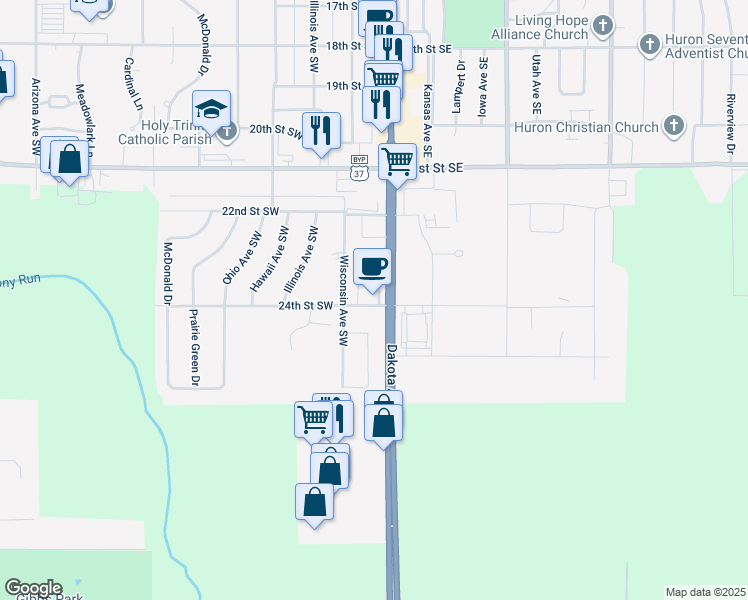 map of restaurants, bars, coffee shops, grocery stores, and more near 14 24th Street Southwest in Huron