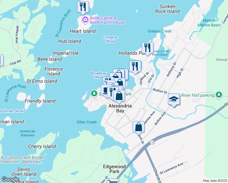 map of restaurants, bars, coffee shops, grocery stores, and more near Howell Avenue in Alexandria Bay