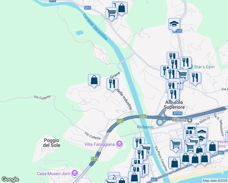 map of restaurants, bars, coffee shops, grocery stores, and more near Via Angelo Barile in Albissola Marina