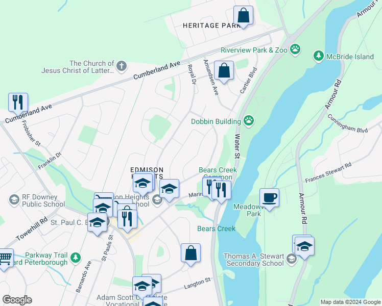 map of restaurants, bars, coffee shops, grocery stores, and more near 1200 Trentway Vista in Peterborough