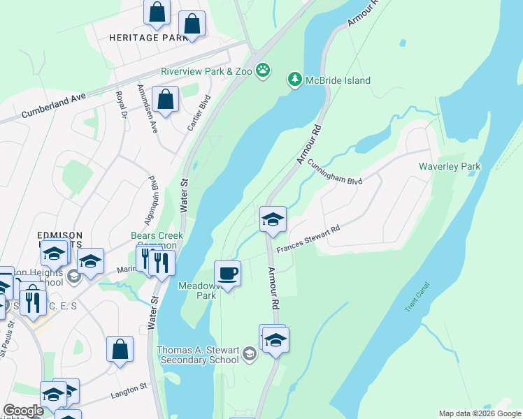 map of restaurants, bars, coffee shops, grocery stores, and more near 1121 Armour Road in Peterborough