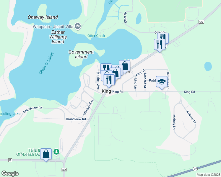 map of restaurants, bars, coffee shops, grocery stores, and more near N2706 County Road QQ in Waupaca