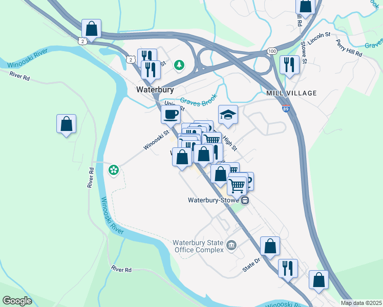 map of restaurants, bars, coffee shops, grocery stores, and more near in Waterbury Village Historic District