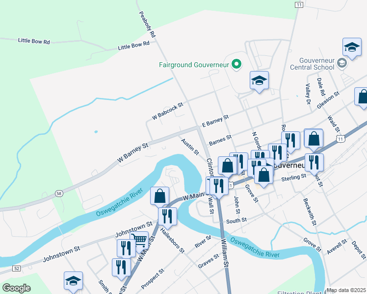 map of restaurants, bars, coffee shops, grocery stores, and more near 68 Austin Street in Gouverneur