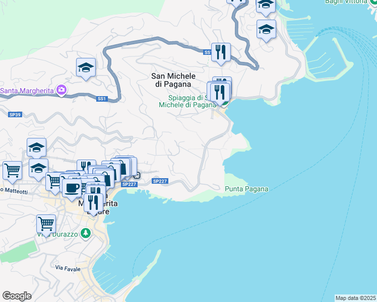 map of restaurants, bars, coffee shops, grocery stores, and more near 6 Via Gimelli in Rapallo