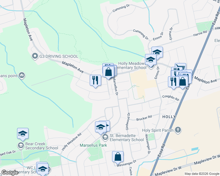 map of restaurants, bars, coffee shops, grocery stores, and more near 11 Silver Maple Crescent in Barrie