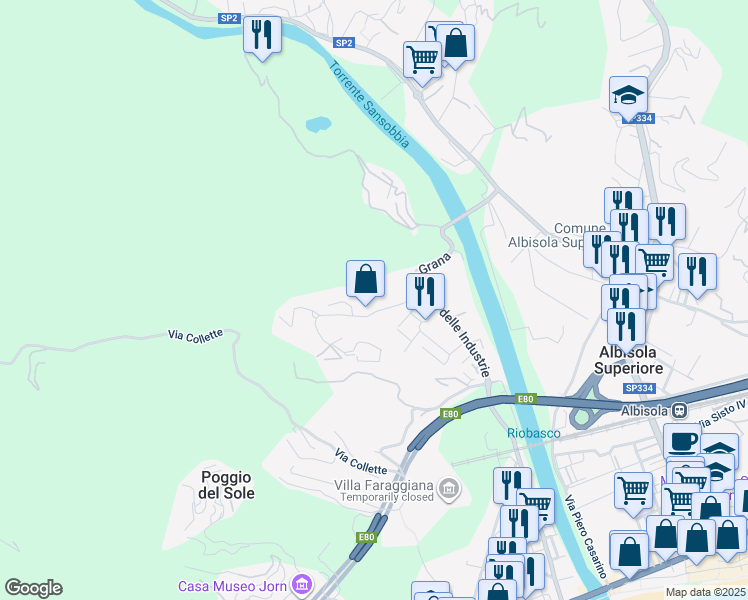 map of restaurants, bars, coffee shops, grocery stores, and more near 39 Via Grana in Albisola Superiore