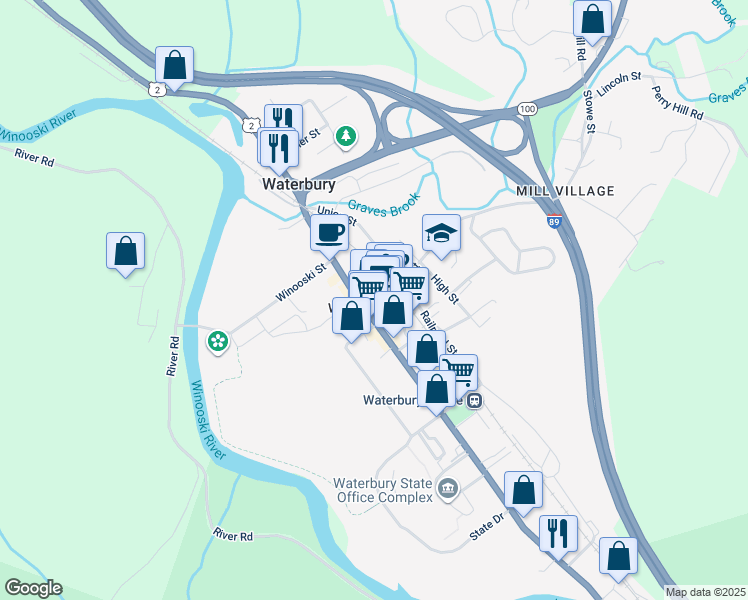 map of restaurants, bars, coffee shops, grocery stores, and more near in Waterbury Village Historic District