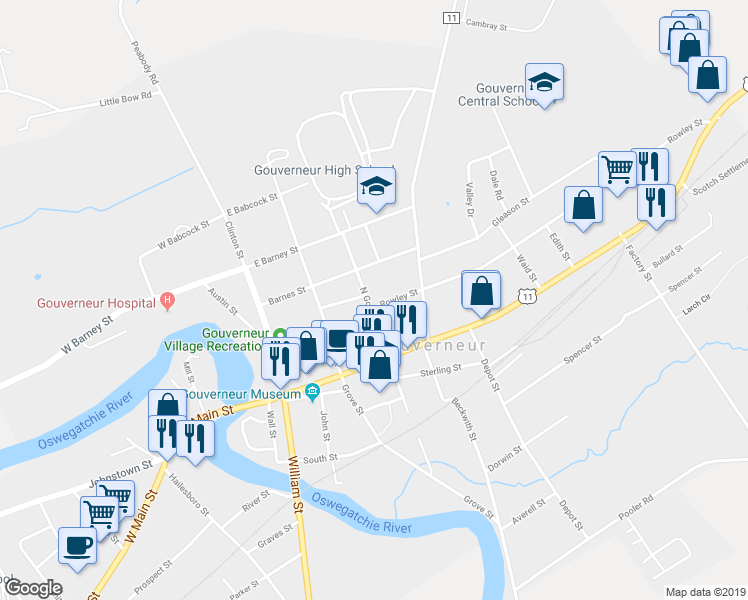 map of restaurants, bars, coffee shops, grocery stores, and more near 3 Rowley Street in Gouverneur