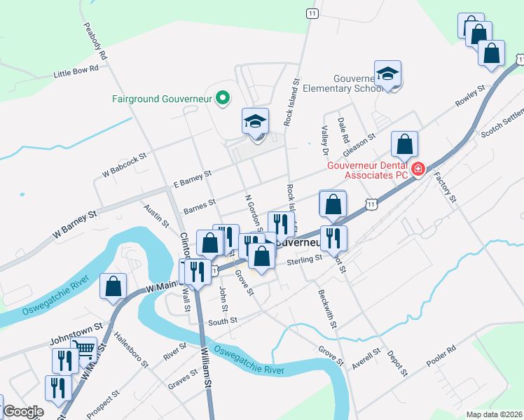 map of restaurants, bars, coffee shops, grocery stores, and more near 9 Rowley Street in Gouverneur