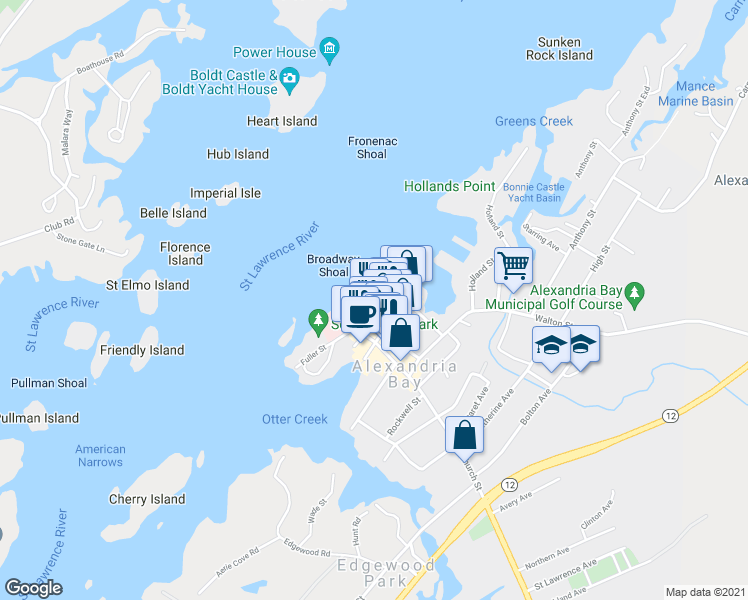 map of restaurants, bars, coffee shops, grocery stores, and more near Howell Avenue in Alexandria Bay
