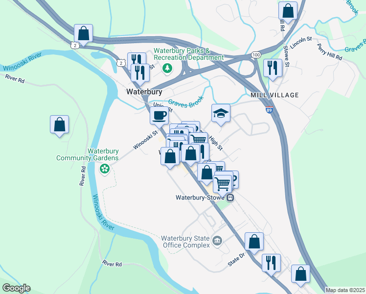 map of restaurants, bars, coffee shops, grocery stores, and more near 14 Stowe Street in Waterbury Village Historic District