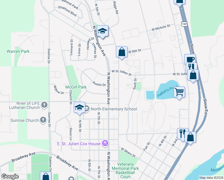 map of restaurants, bars, coffee shops, grocery stores, and more near 1102 North 5th Street in Saint Peter