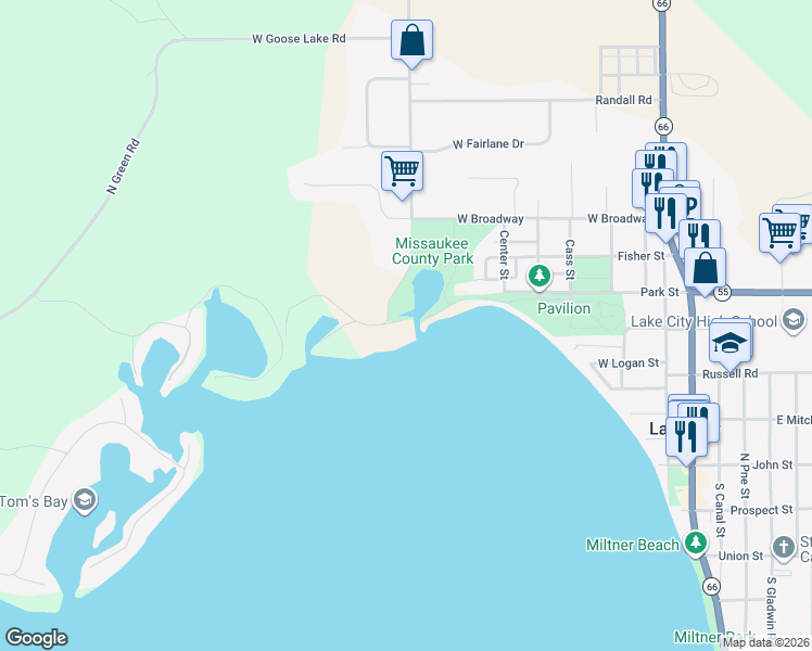 map of restaurants, bars, coffee shops, grocery stores, and more near West North Shore Drive in Lake City